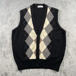 VTG Mackinnon of Scotland Sweater Vest Mens Size L Black 100% Lambs Wool Argyle